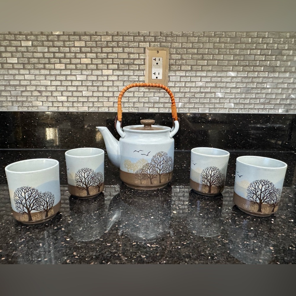 Vintage Otagiri Tree of Life Tea Set, Japanese Bamboo Handle EUC